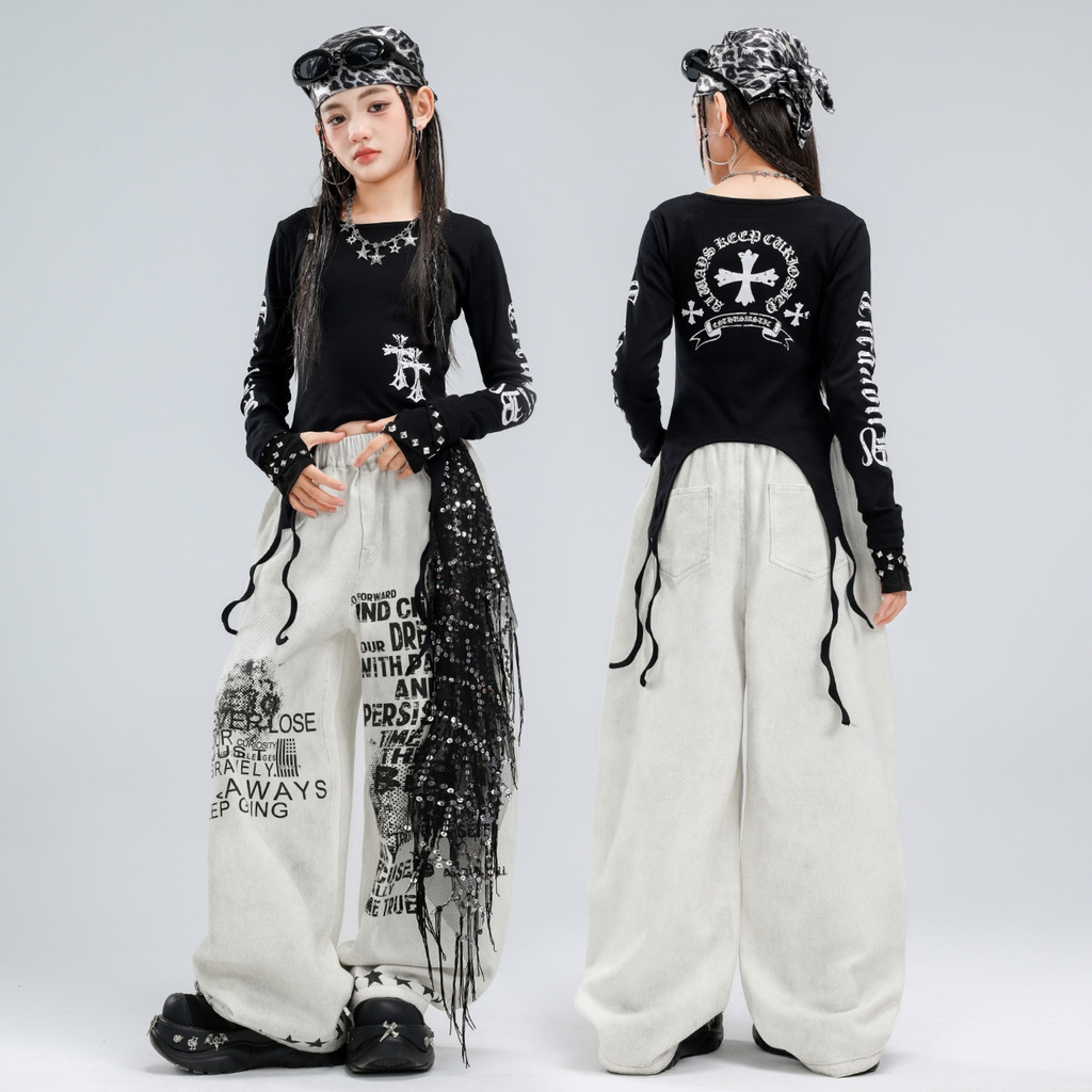 HIPHOP ブラッククロス ホワイトグラフィックワイドパンツセットアップ キッズダンス衣装 商品画像3