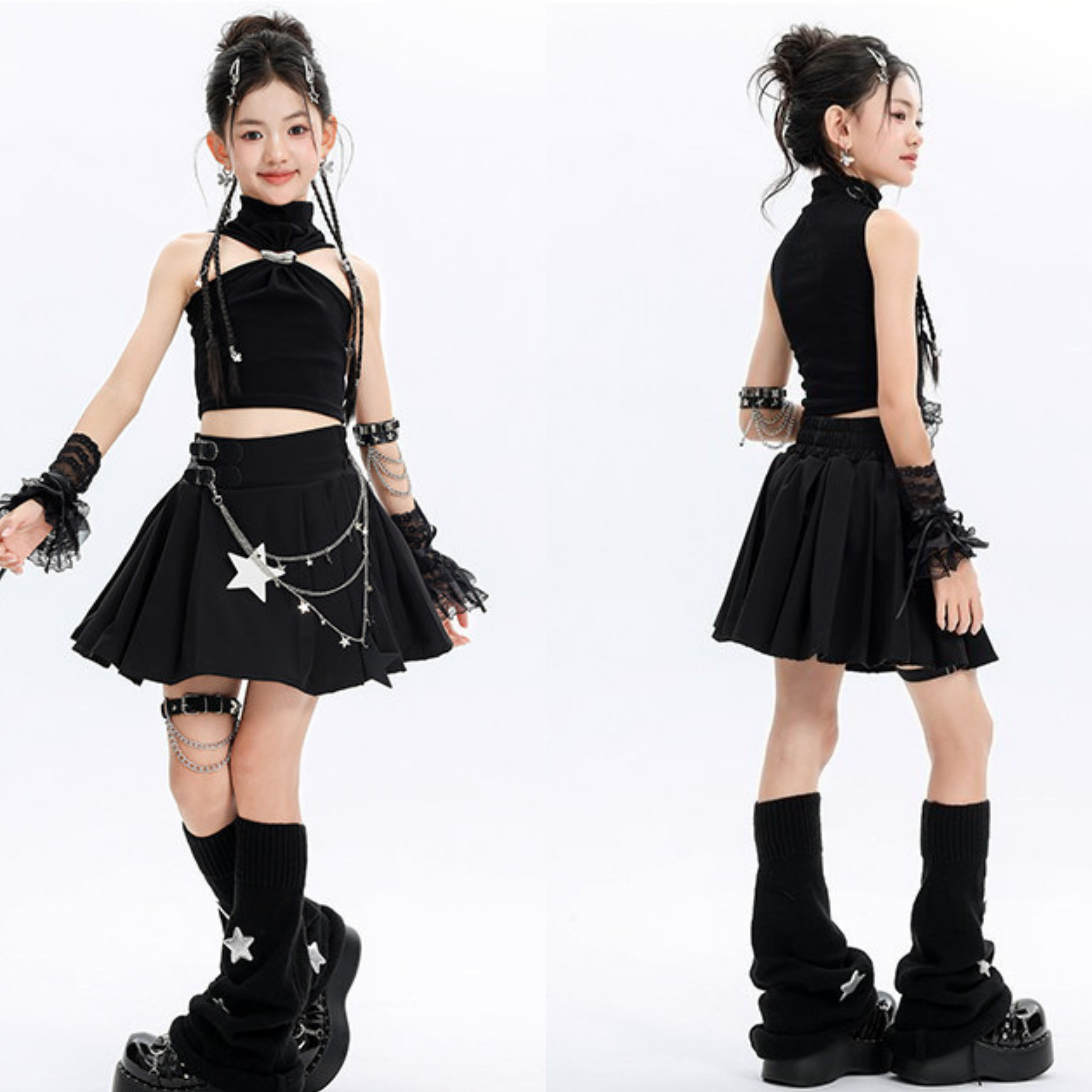 GIRLS ブラックプリーツスカート セットアップ キッズダンス衣装