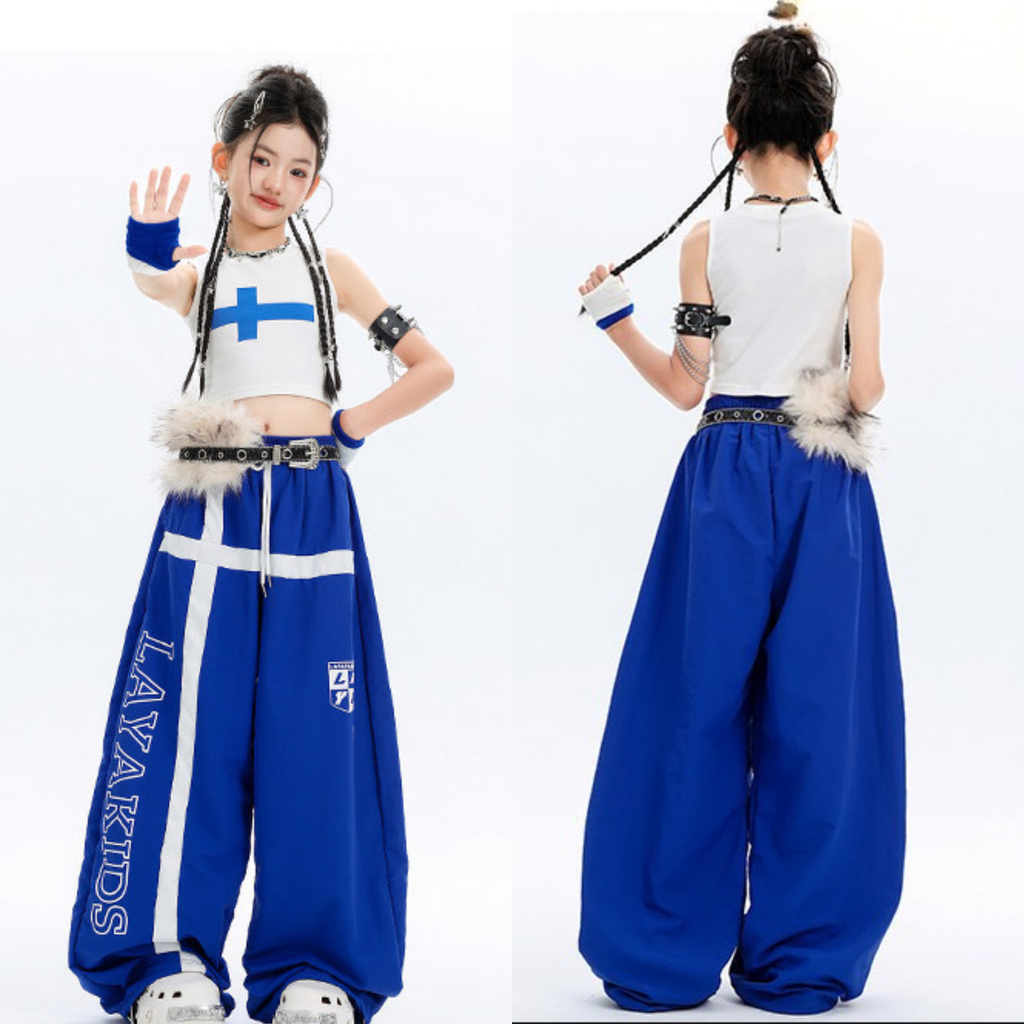 HIPHOP ブルークロス ワイドパンツセットアップ キッズダンス衣装
