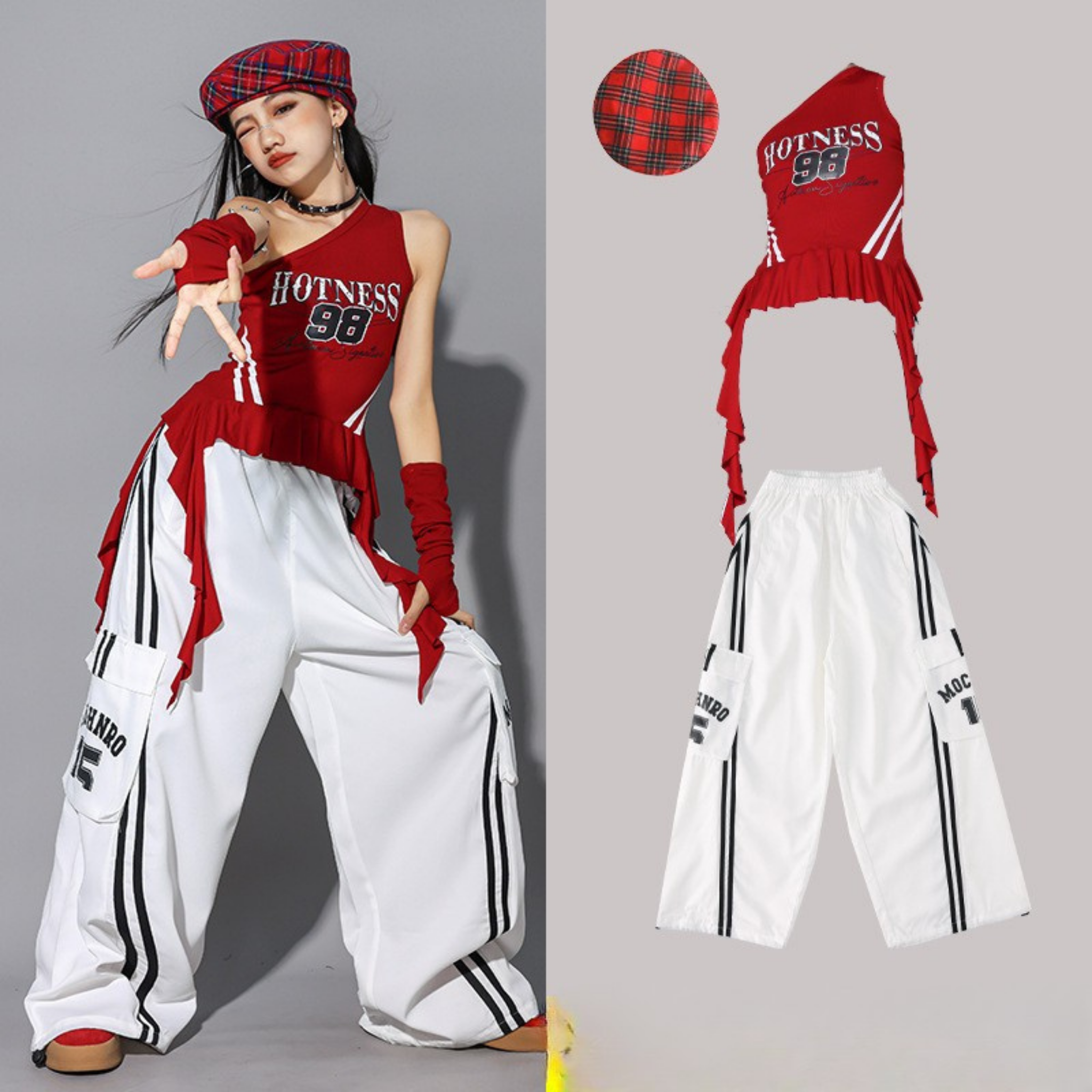 GIRLS レッドワンショルダー カーゴパンツセットアップ キッズダンス衣装