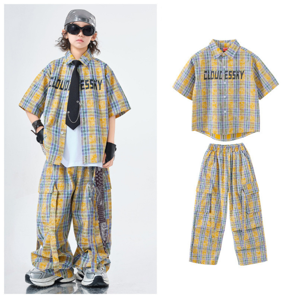 STREET イエローチェック ワイドパンツセットアップ キッズダンス衣装