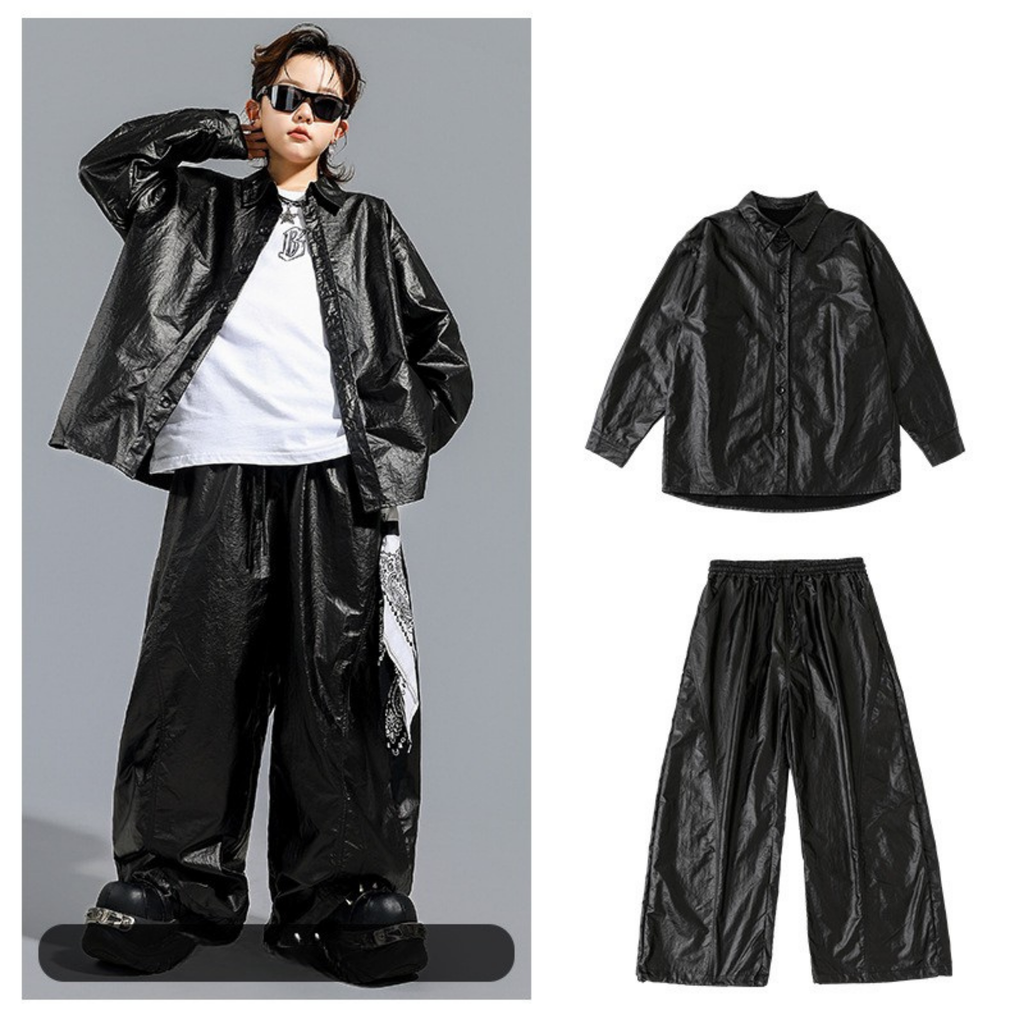 STREET ブラックシャイニー ワイドパンツセットアップ キッズダンス衣装