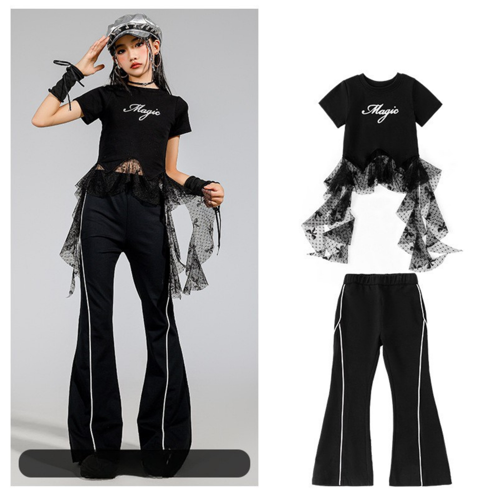 K-POP ブラックドットチュール フレアパンツセットアップ キッズダンス衣装