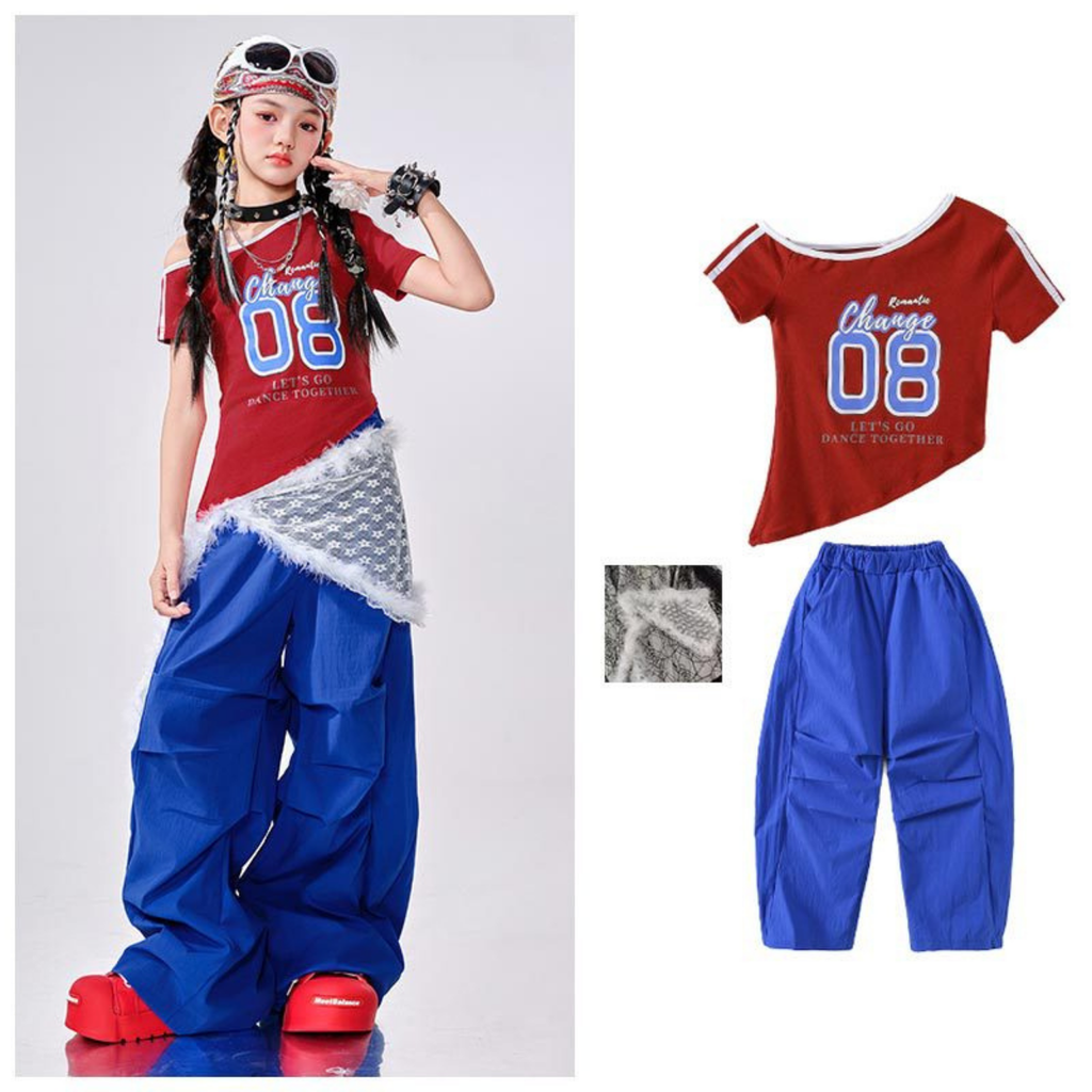 GIRLS レッドナンバー ブルーカーゴセットアップ キッズダンス衣装