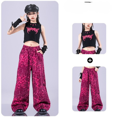 GIRLS ピンクレオパード ステージセットアップ キッズダンス衣装