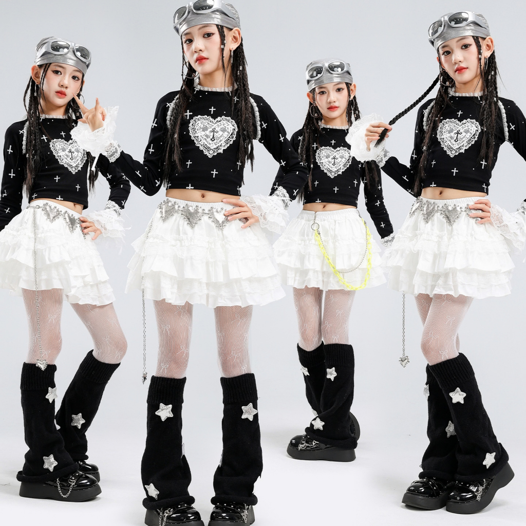 GIRLS ブラックハート ホワイトティアードスカートセットアップ キッズダンス衣装 商品画像3