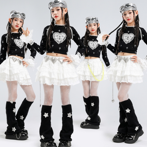 GIRLS ブラックハート ホワイトティアードスカートセットアップ キッズダンス衣装 商品画像3