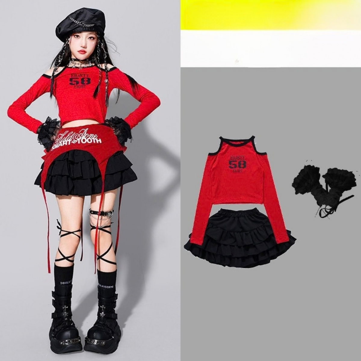 GIRLS レッド58グラフィック ティアードスカートセットアップ キッズダンス衣装｜メインイメージ｜RAQS LUMINA