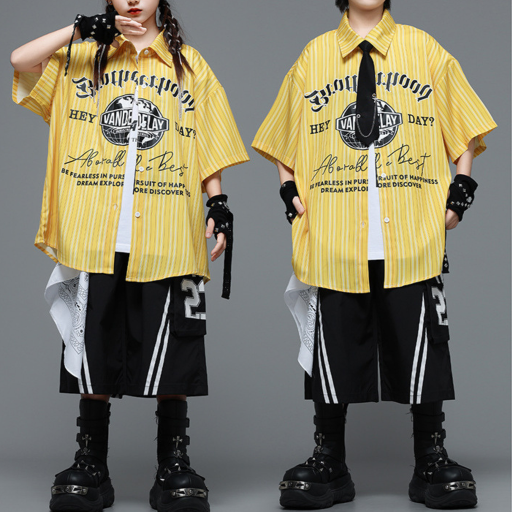 HIPHOP イエローストライプ ハーフパンツセットアップ キッズダンス衣装