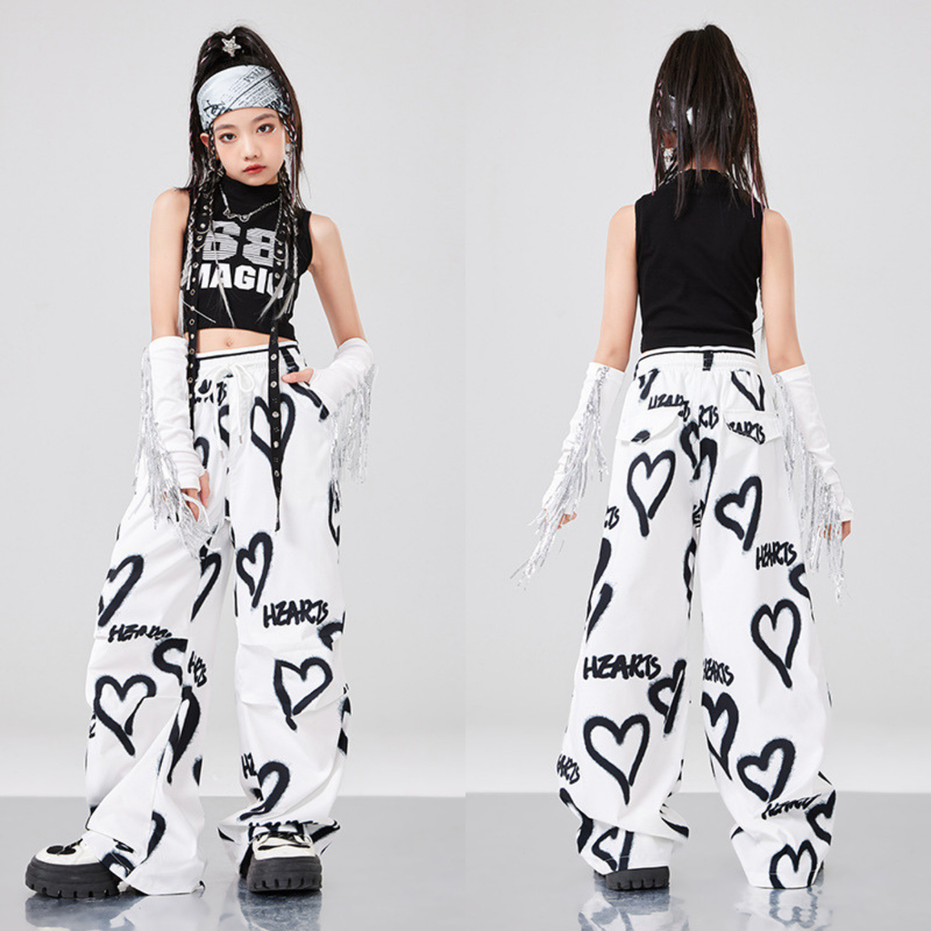 HIPHOP ブラックハート ワイドパンツセットアップ キッズダンス衣装