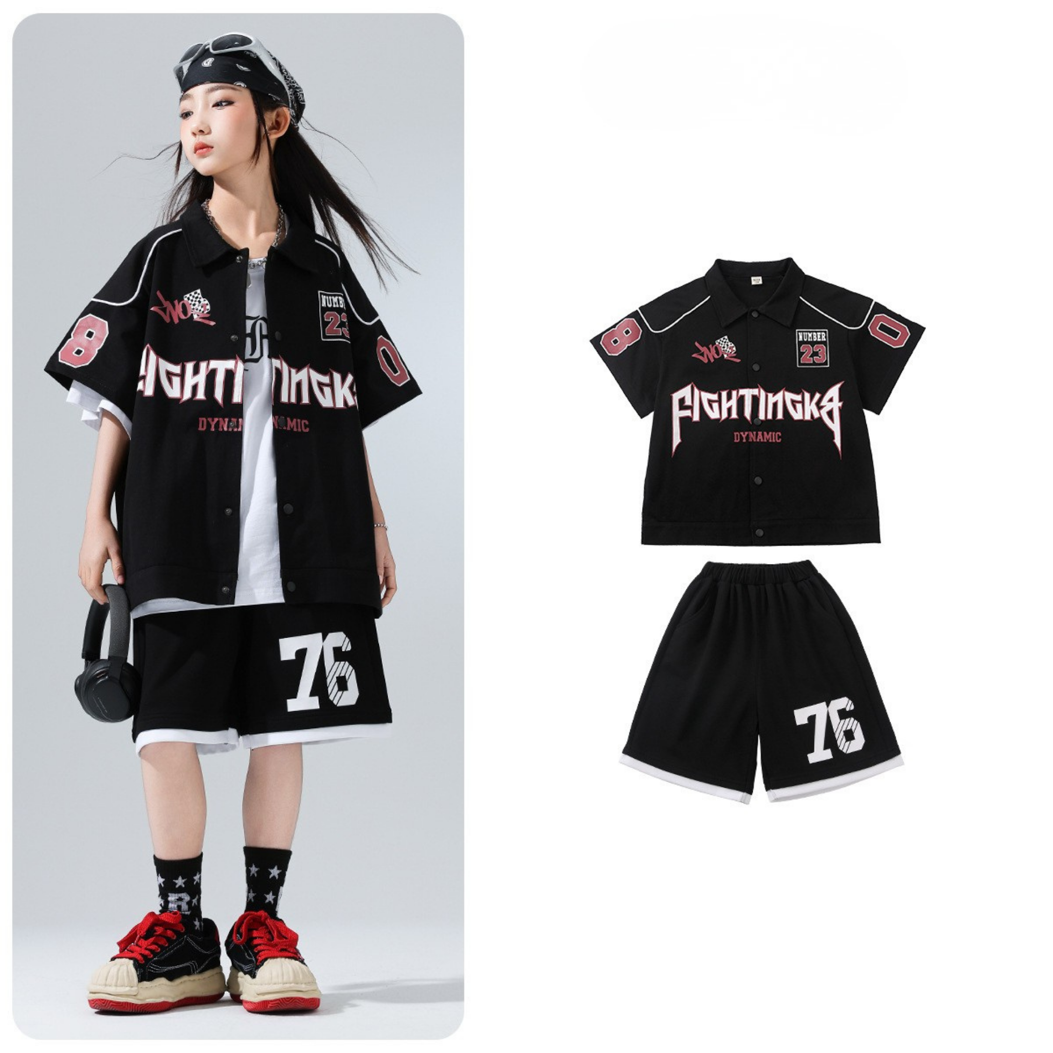 HIPHOP ブラックナンバー ハーフパンツセットアップ キッズダンス衣装