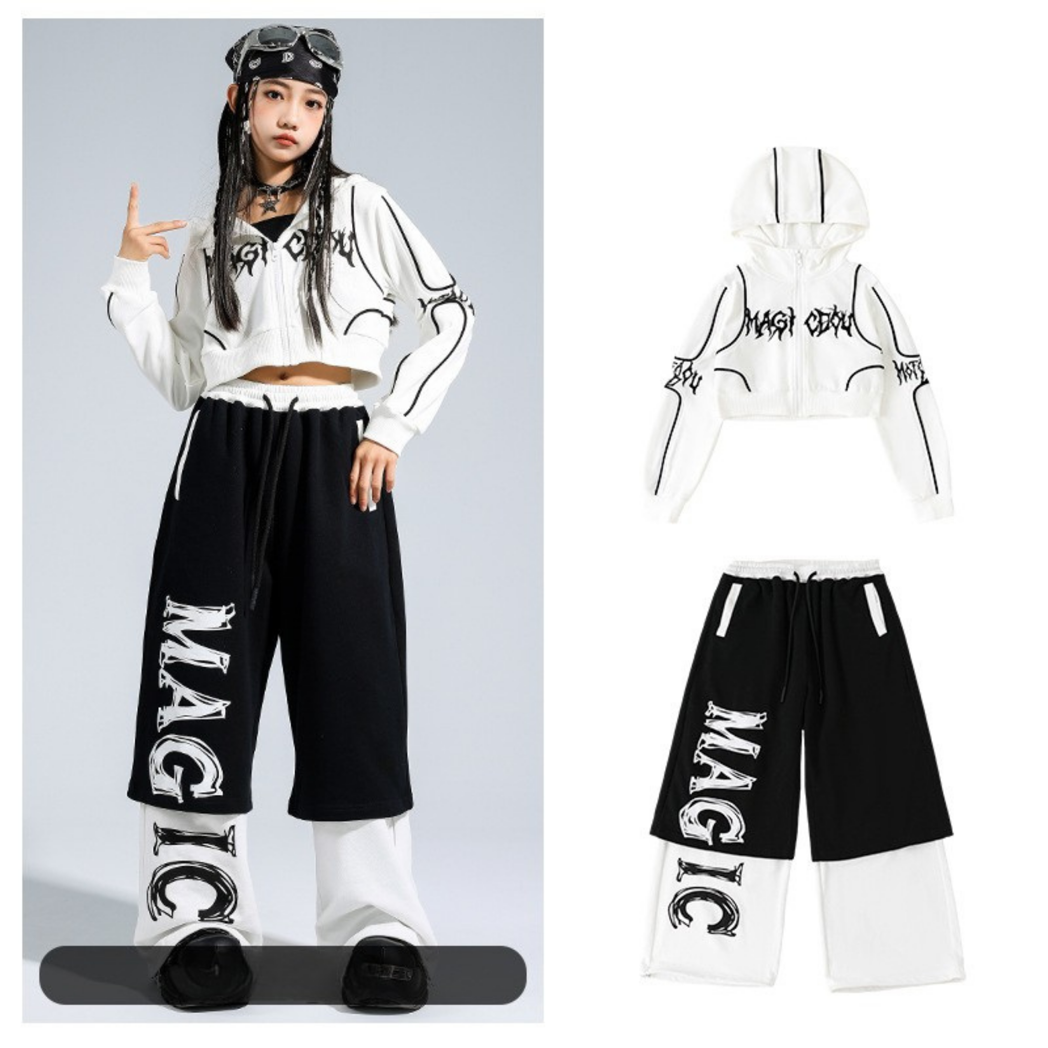 STREET ホワイトグラフィック レイヤードワイドパンツセットアップ キッズダンス衣装