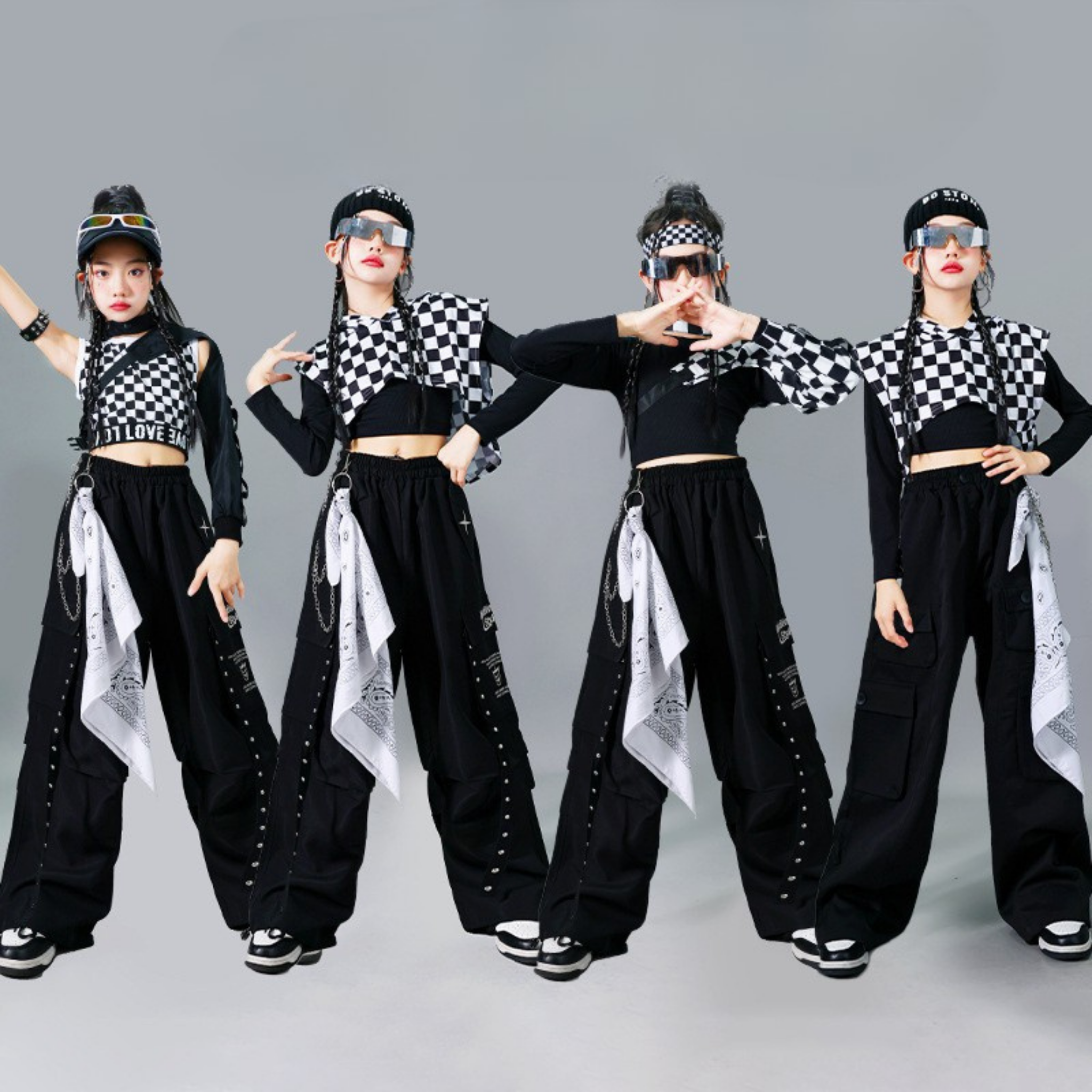 HIPHOP チェッカーブラック カーゴセットアップ キッズダンス衣装