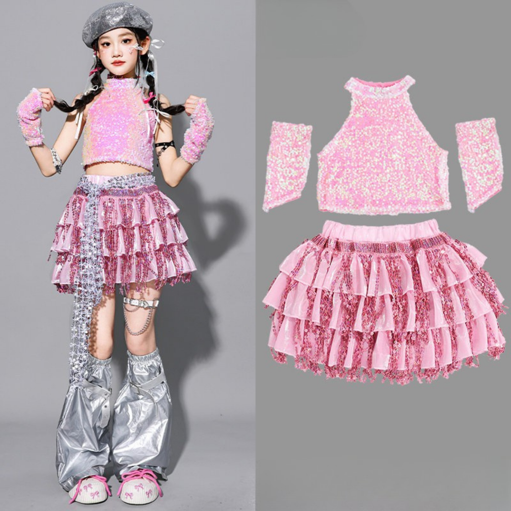 GIRLS ピンクシルバー スパンコールフリルセットアップ キッズダンス衣装