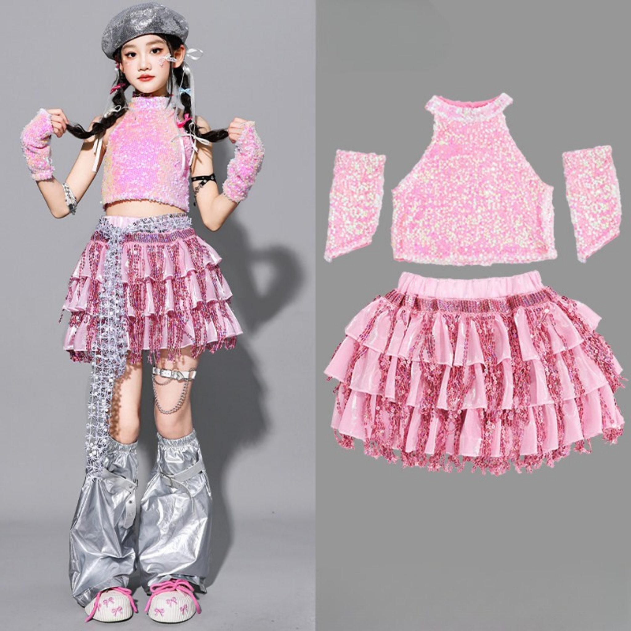 GIRLS ピンクシルバー スパンコールフリルセットアップ キッズダンス衣装