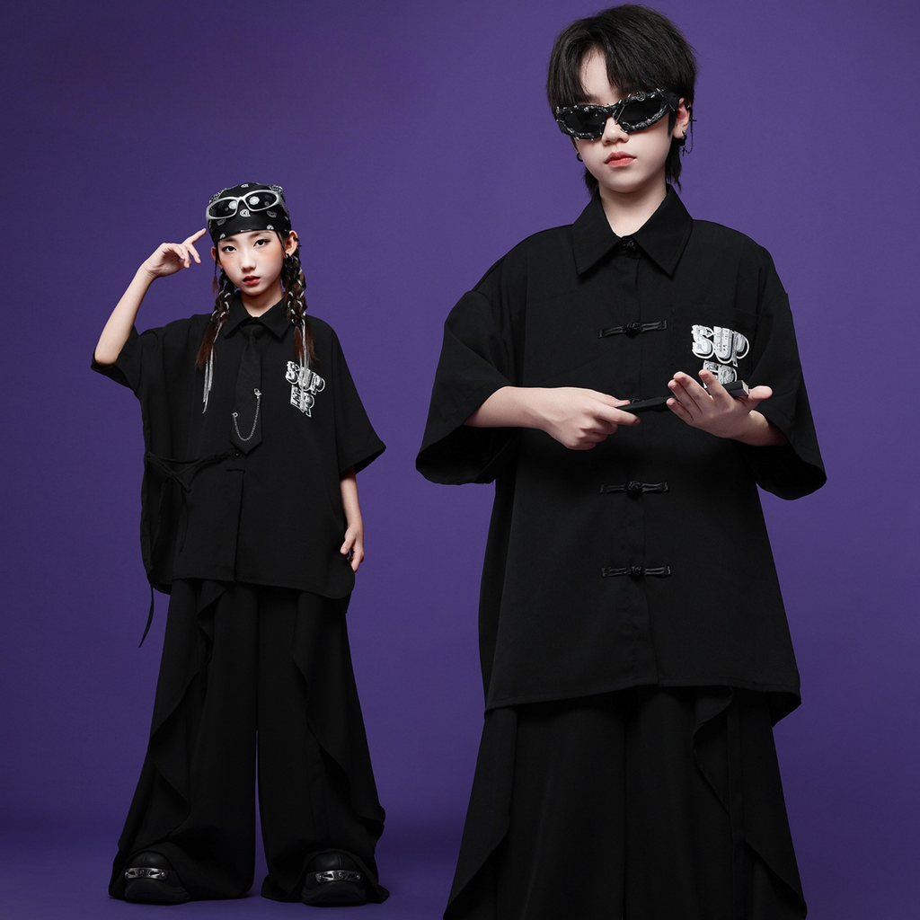 HIPHOP ブラックチャイナボタン ワイドパンツセットアップ キッズダンス衣装