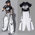 HIPHOP ブラックロゴ ホワイトワイドパンツセットアップ キッズダンス衣装