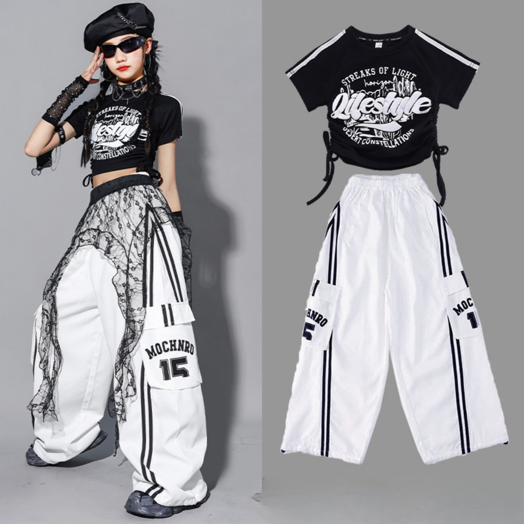 HIPHOP ブラックロゴ ホワイトワイドパンツセットアップ キッズダンス衣装