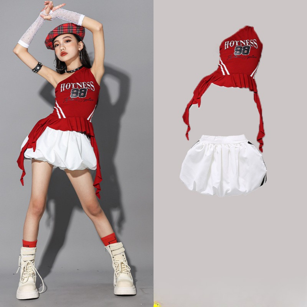 GIRLS レッドワンショルダー バルーンパンツセットアップ キッズダンス衣装