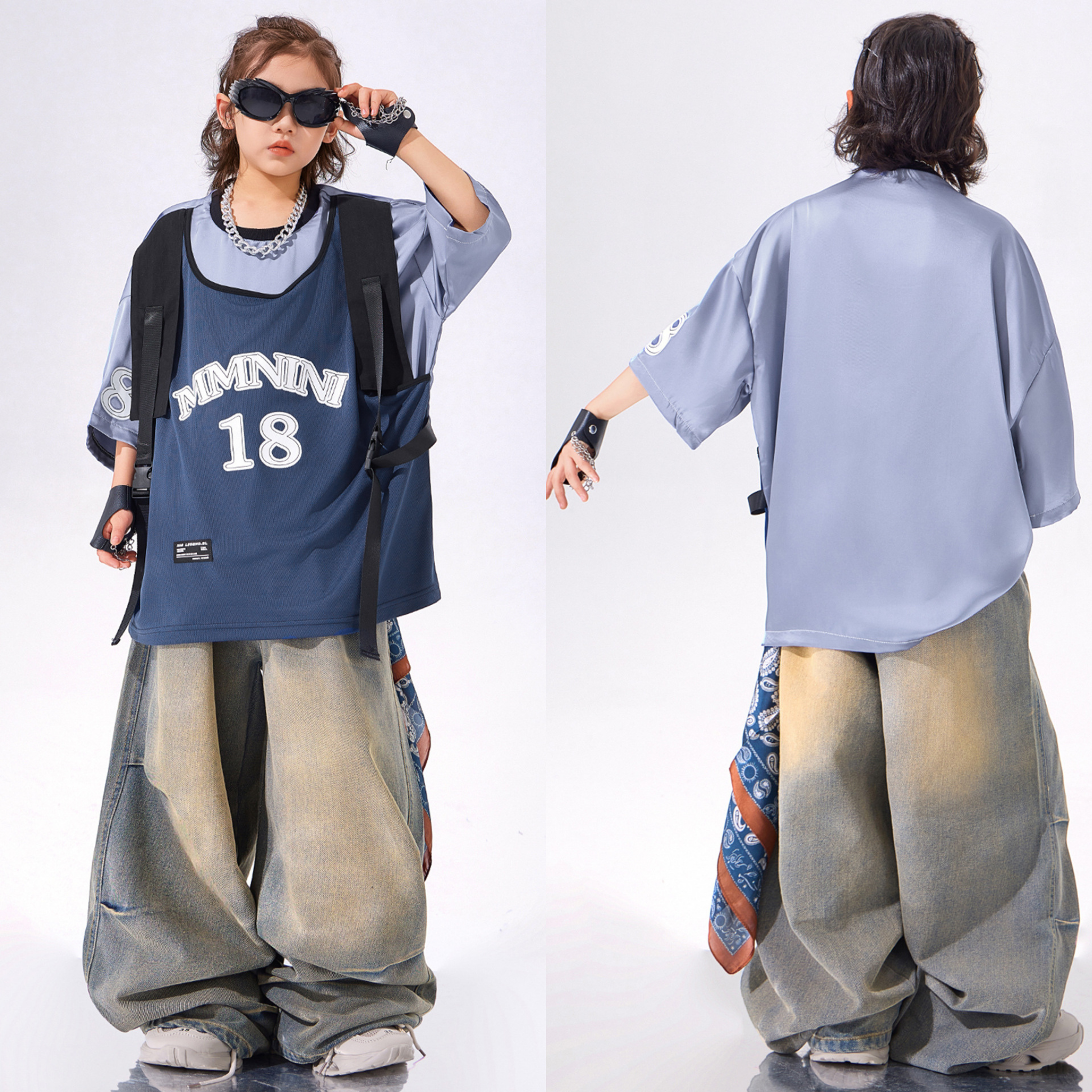 STREET ブルーナンバー デニムワイドパンツセットアップ キッズダンス衣装