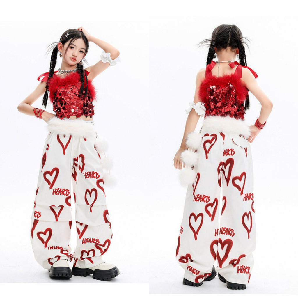 GIRLS レッドスパンコール ハートパンツセットアップ キッズダンス衣装