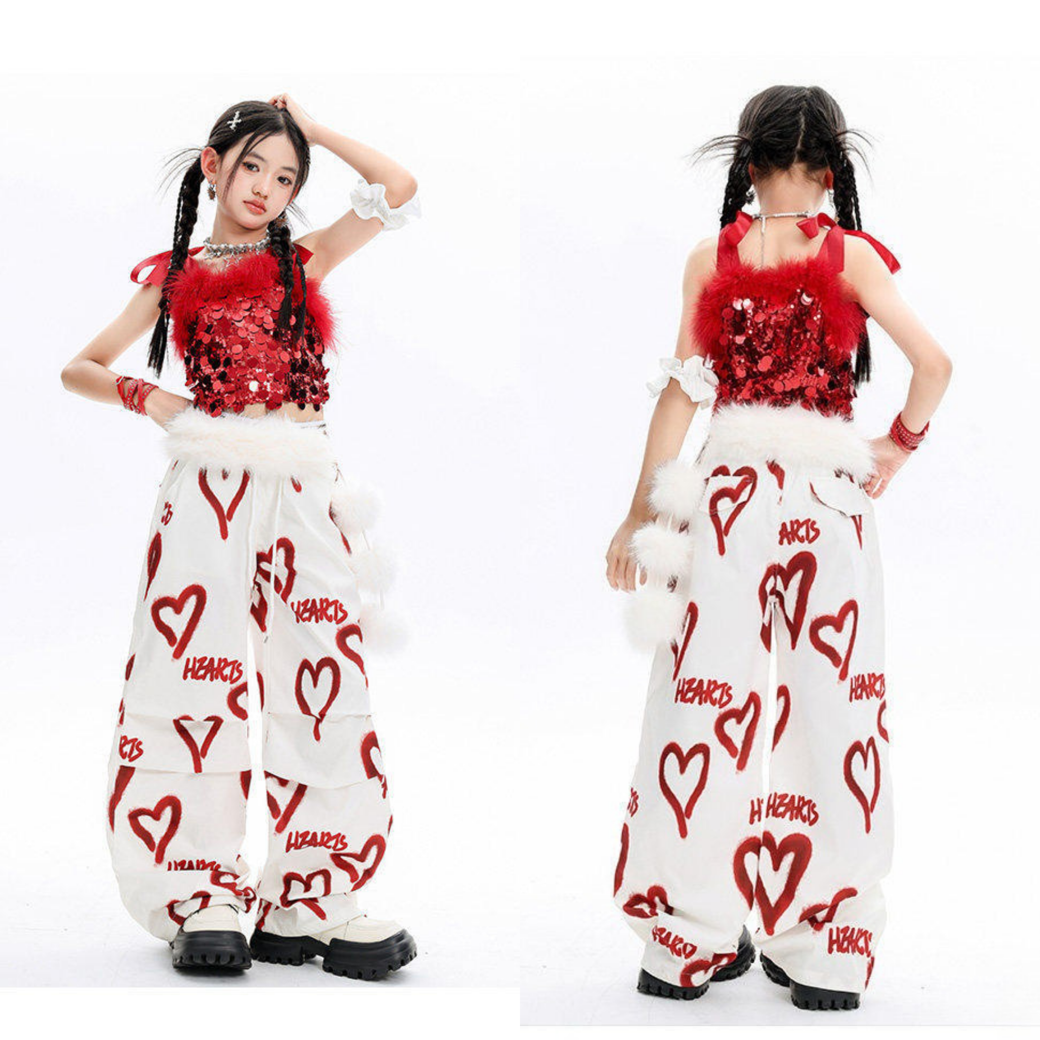 GIRLS レッドスパンコール ハートパンツセットアップ キッズダンス衣装