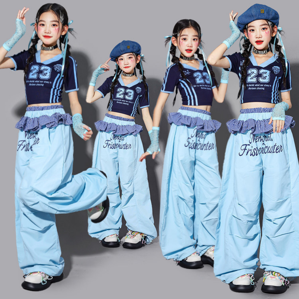 HIPHOP ライトブルーナンバー ワイドパンツセットアップ キッズダンス衣装