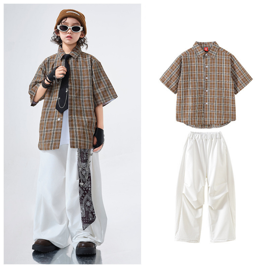 STREET ブラウンチェック ホワイトワイドパンツセットアップ キッズダンス衣装