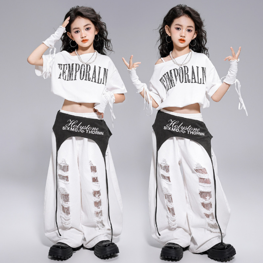 HIPHOP ホワイトダメージ ワイドパンツセットアップ キッズダンス衣装