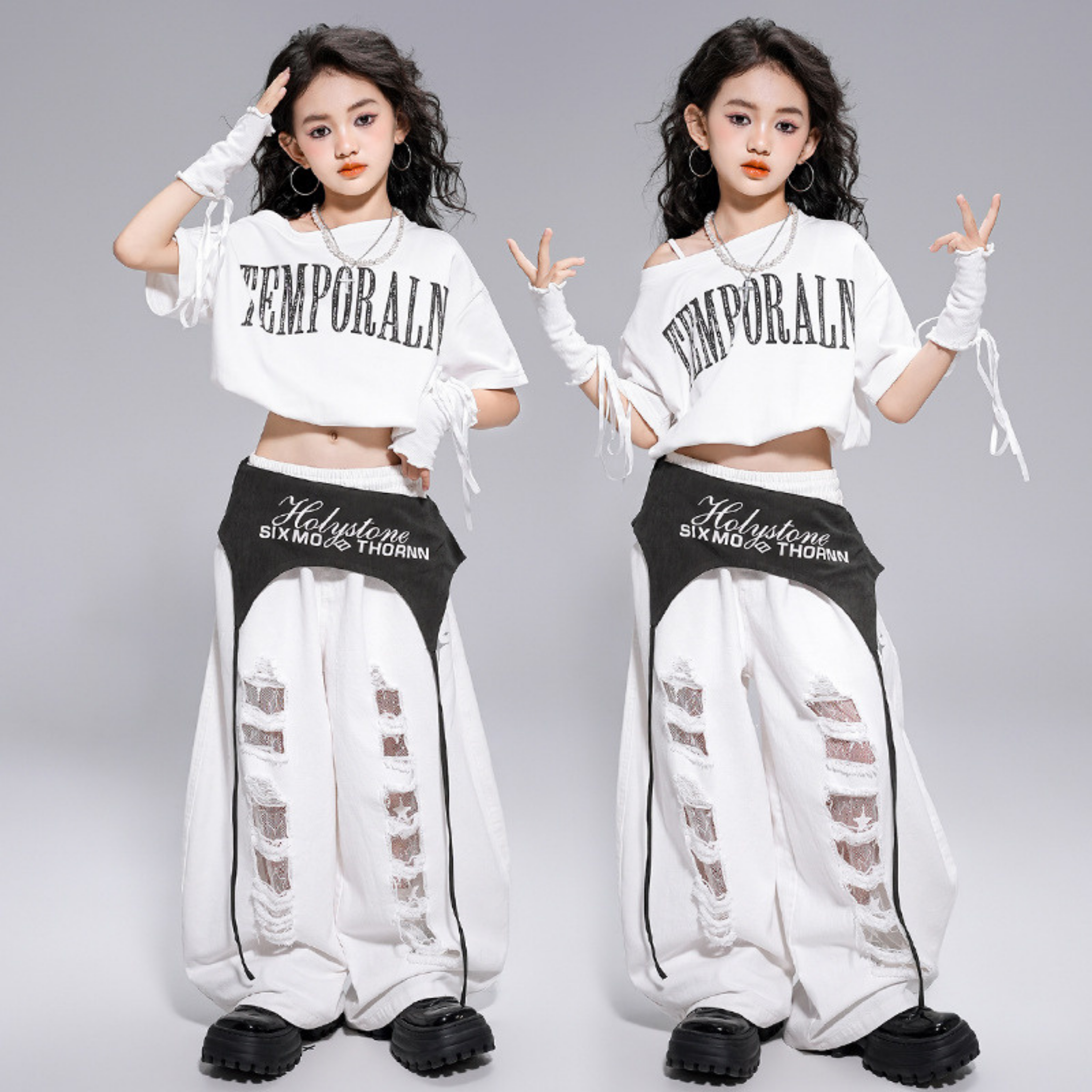 HIPHOP ホワイトダメージ ワイドパンツセットアップ キッズダンス衣装