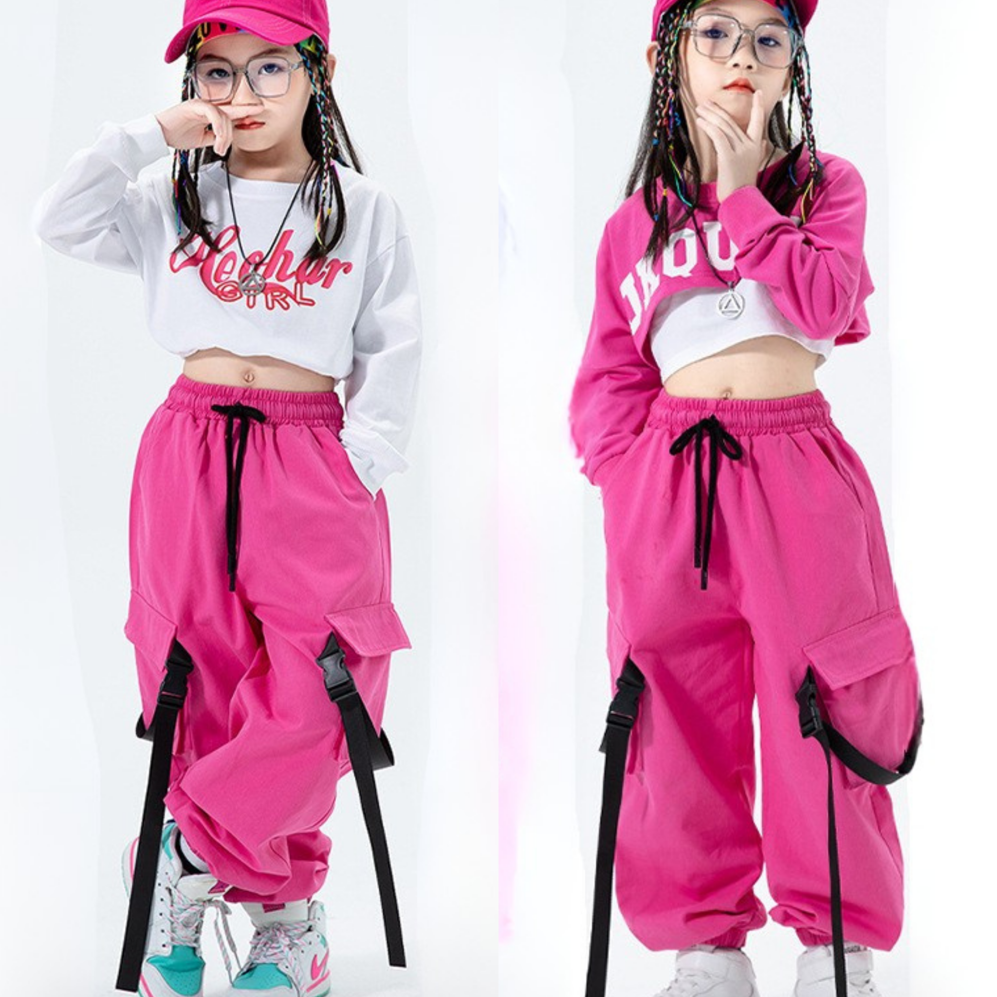 GIRLS ビビッドピンク カーゴセットアップ キッズダンス衣装