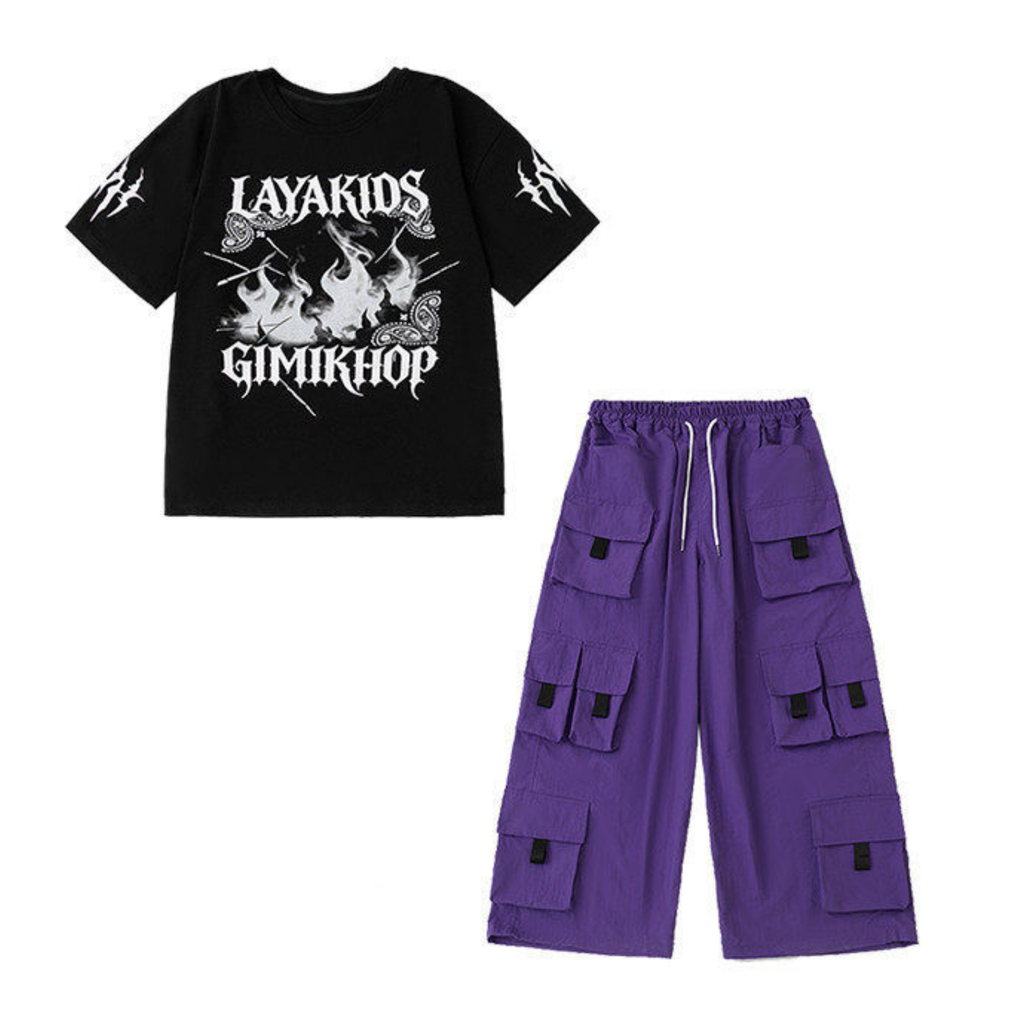 STREET ブラックグラフィック パープルカーゴセットアップ キッズダンス衣装