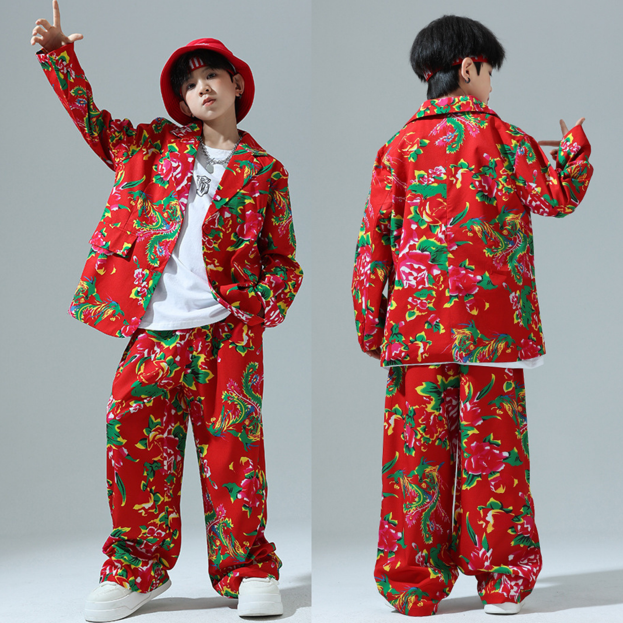 HIPHOP レッドフラワー セットアップ キッズダンス衣装
