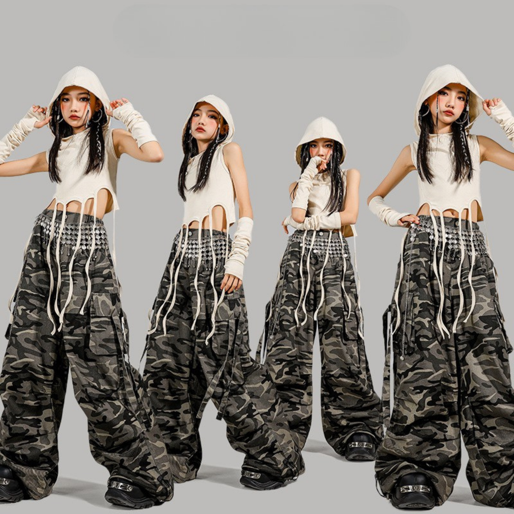STREET アイボリーフード カモフラージュカーゴセットアップ キッズダンス衣装