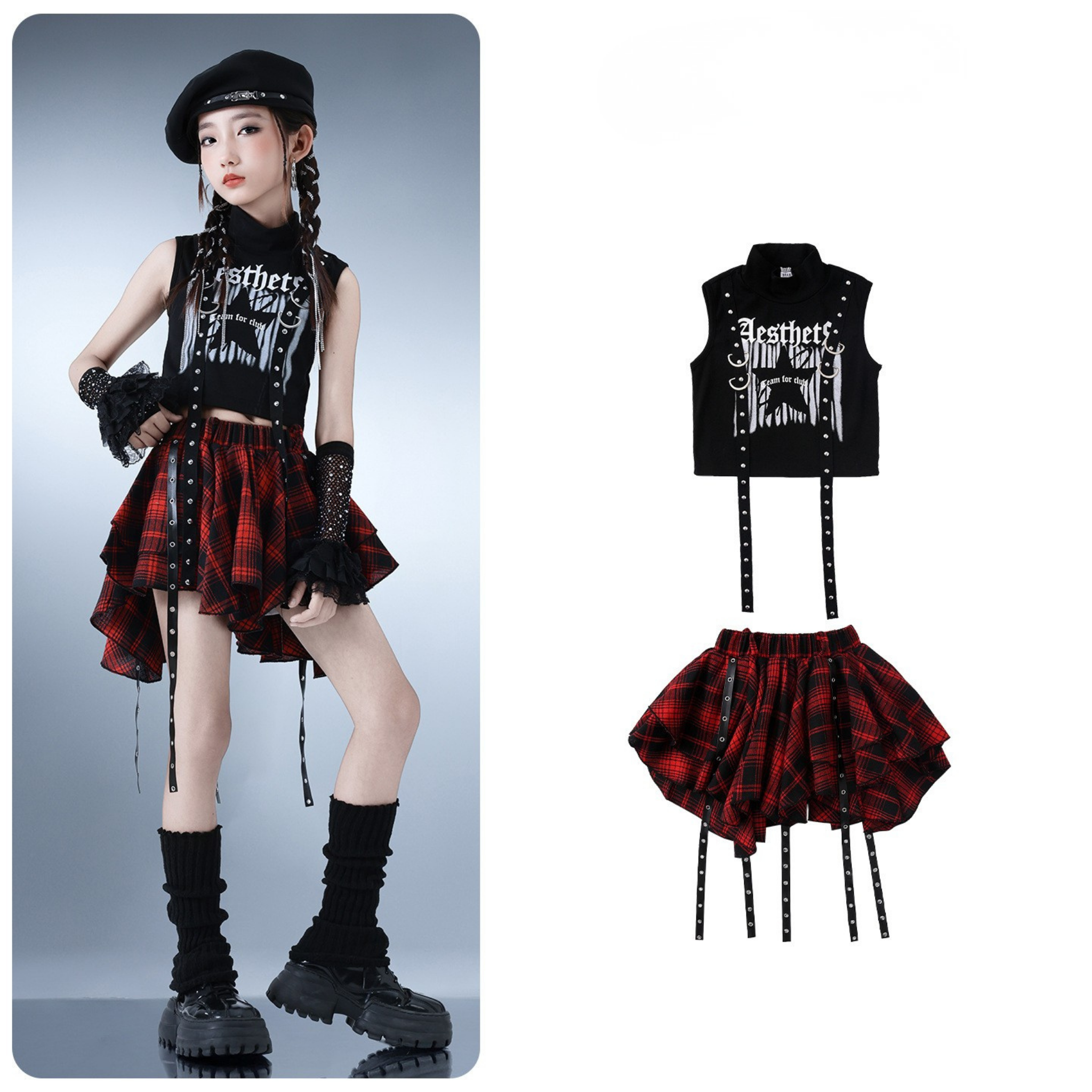HIPHOP ブラックスタッズ レッドセットアップ キッズダンス衣装
