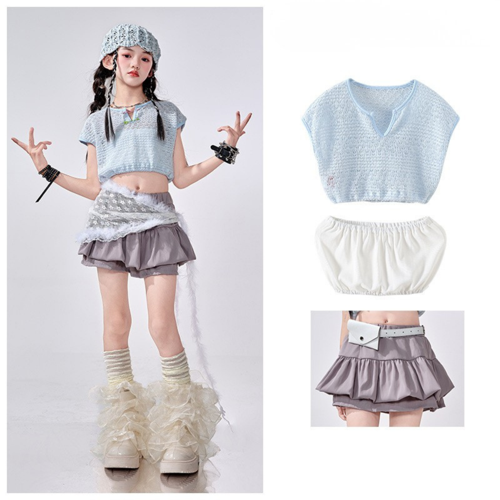 K-POP アイスブルーニット ティアードスカートセットアップ キッズダンス衣装