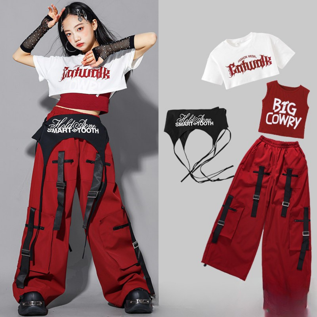 HIPHOP レッドストラップ カーゴパンツセットアップ キッズダンス衣装