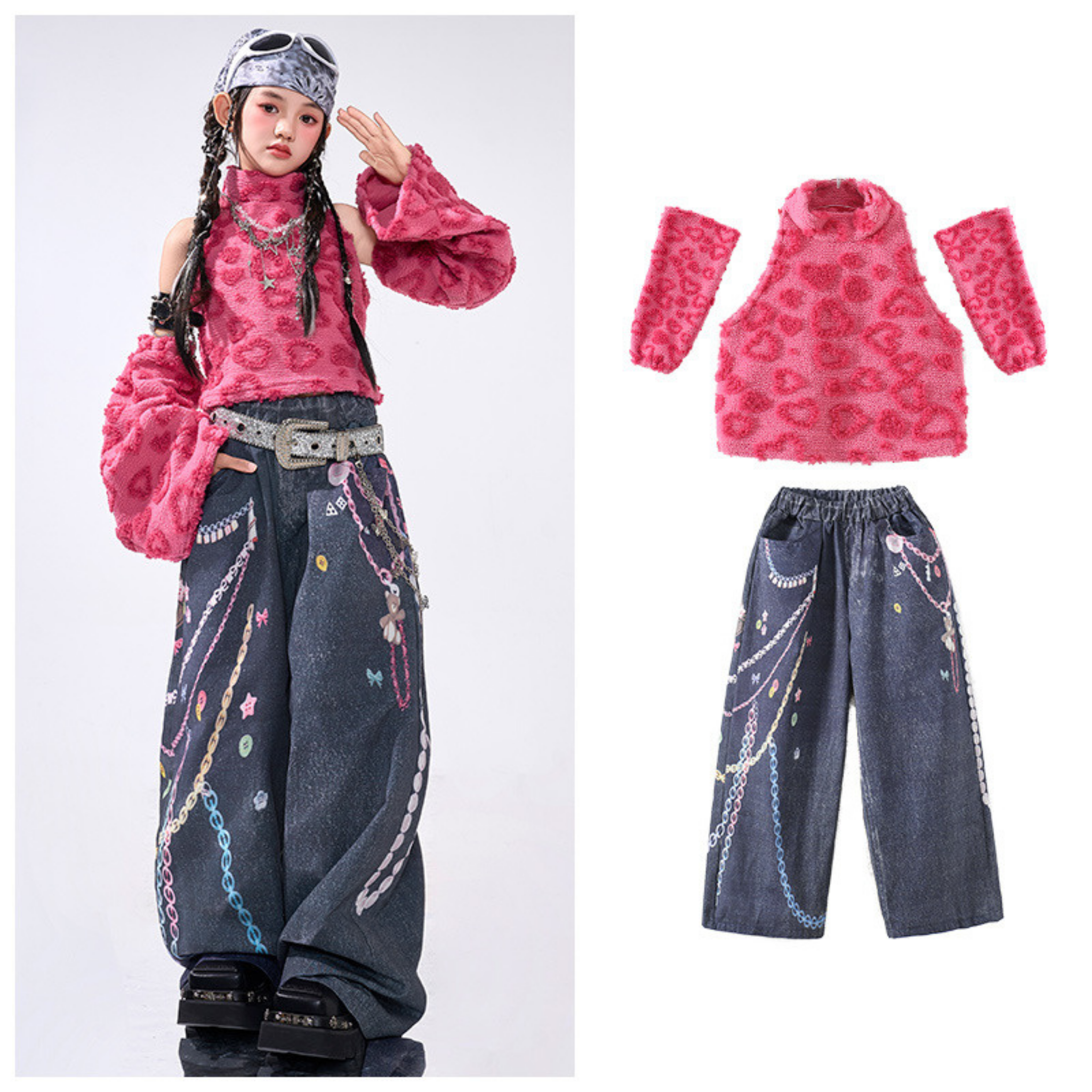 GIRLS ピンクレオパード チェーンデニムワイドパンツセットアップ キッズダンス衣装