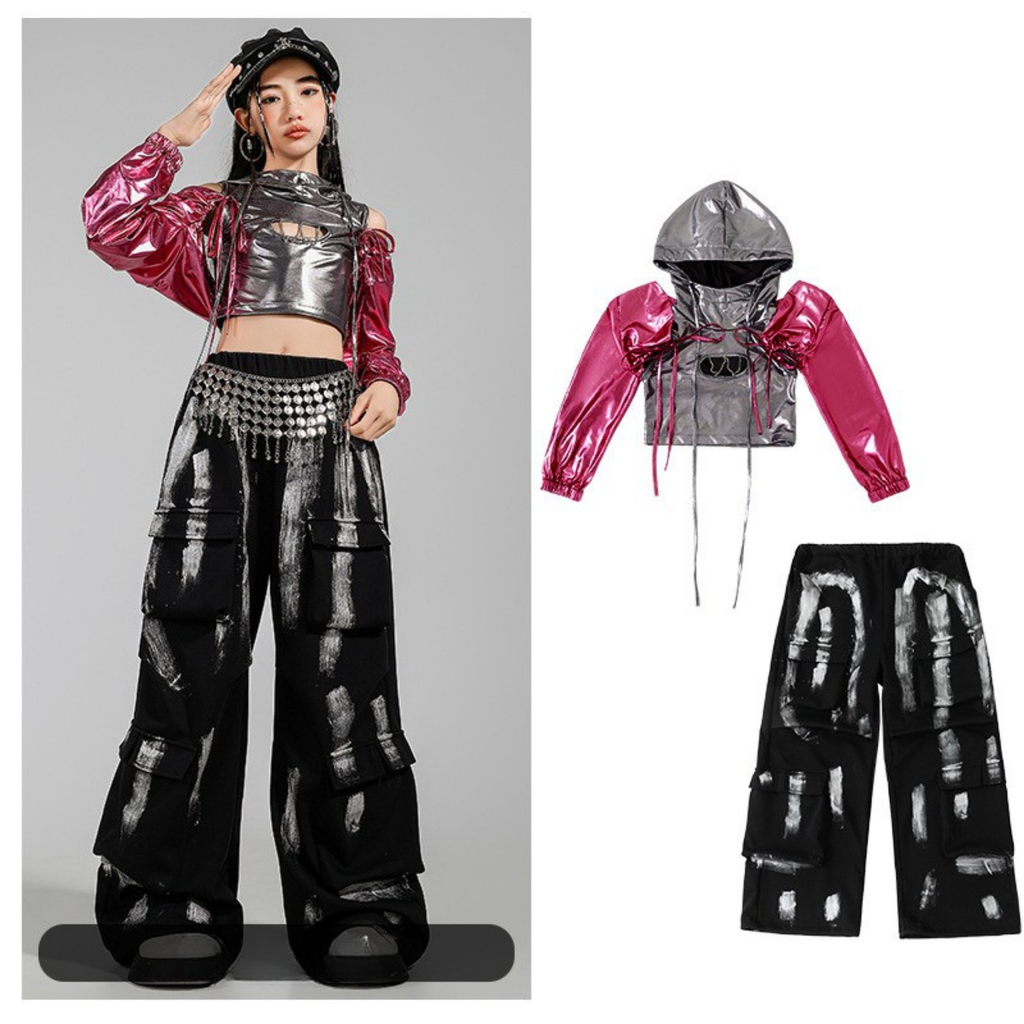 K-POP メタリックシルバー ピンクカーゴセットアップ キッズダンス衣装