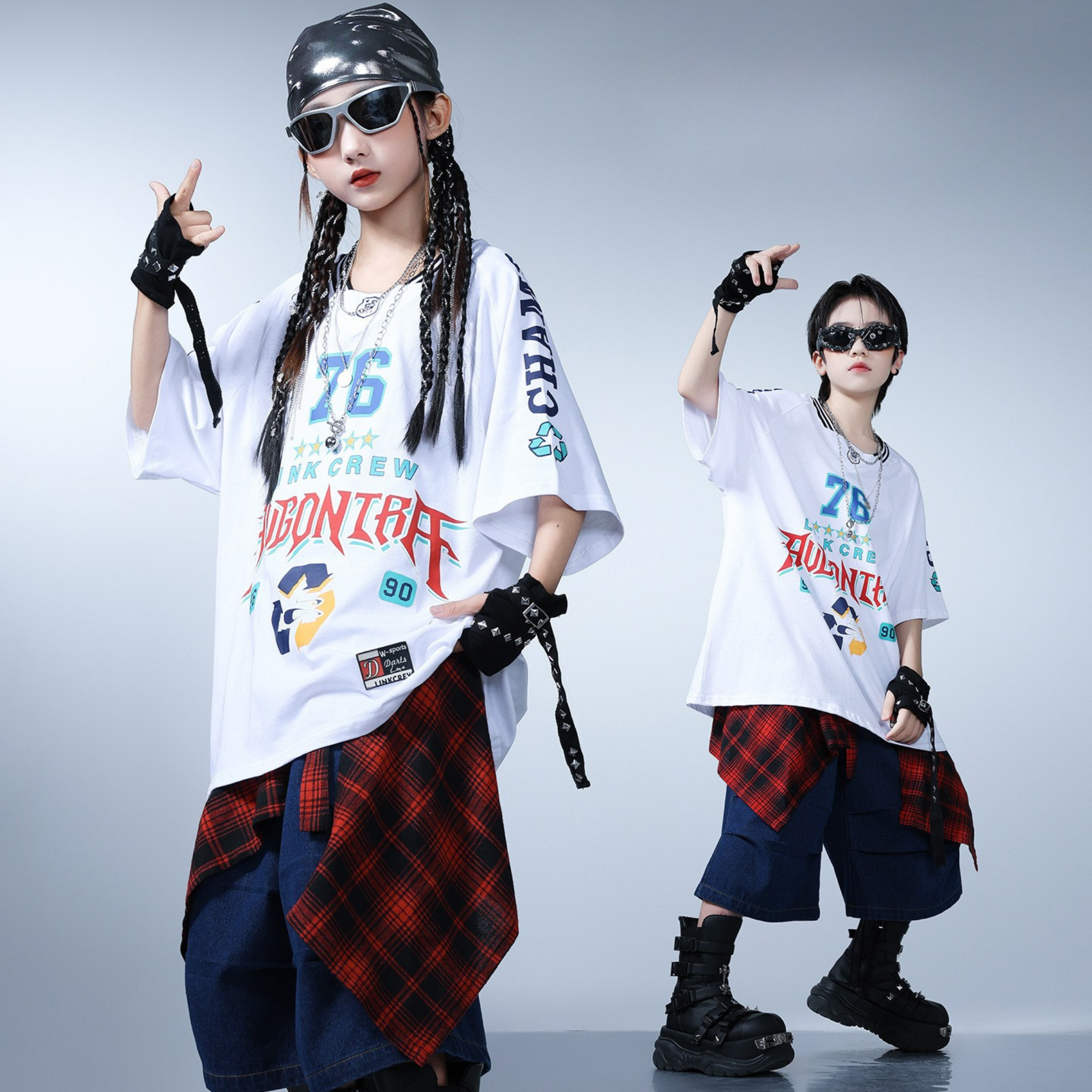 HIPHOP グラフィックTシャツ デニムカーゴセットアップ キッズダンス衣装