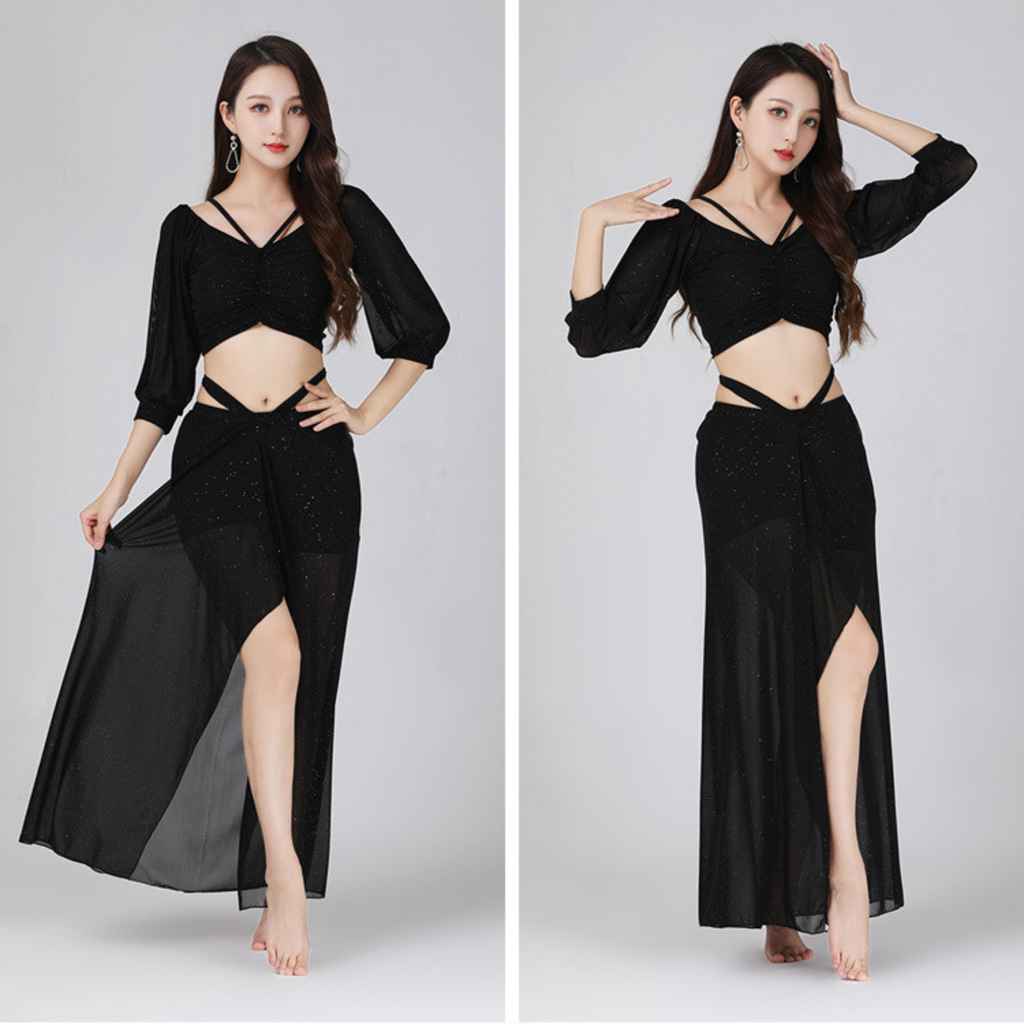 ベリーダンス　レッスンウェア　ラメ　メッシュ　ランタンスリーブ