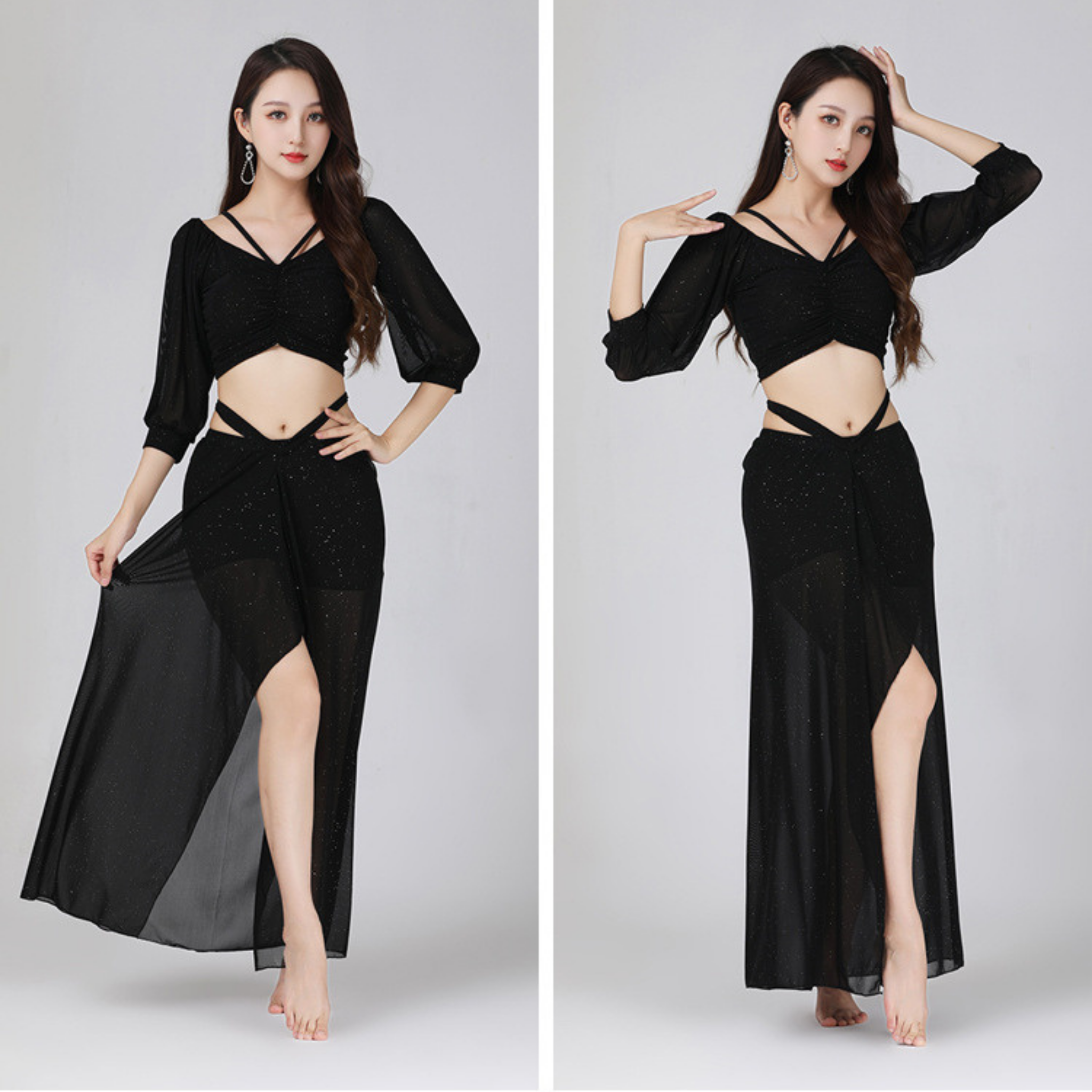 ベリーダンス　レッスンウェア　ラメ　メッシュ　ランタンスリーブ