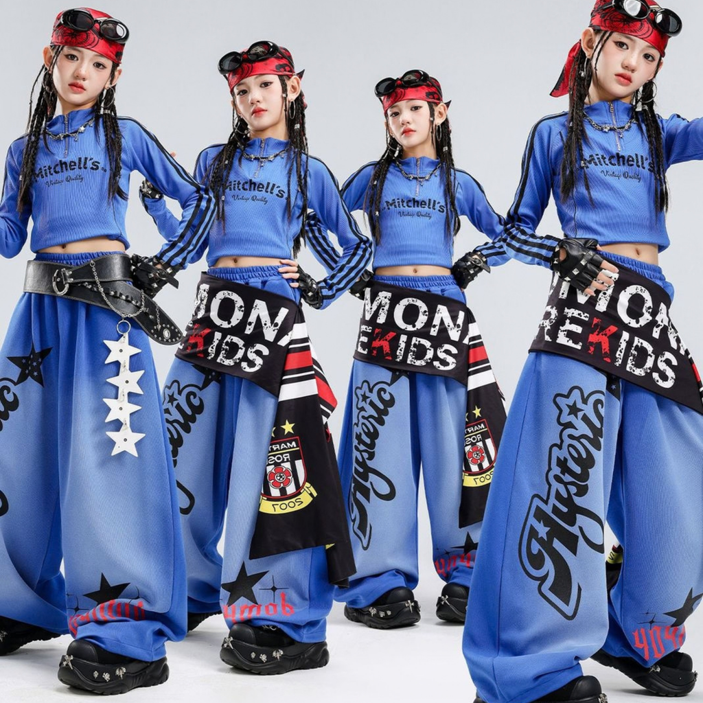 HIPHOP ブルーグラフィック ワイドパンツセットアップ キッズダンス衣装 着用イメージ7