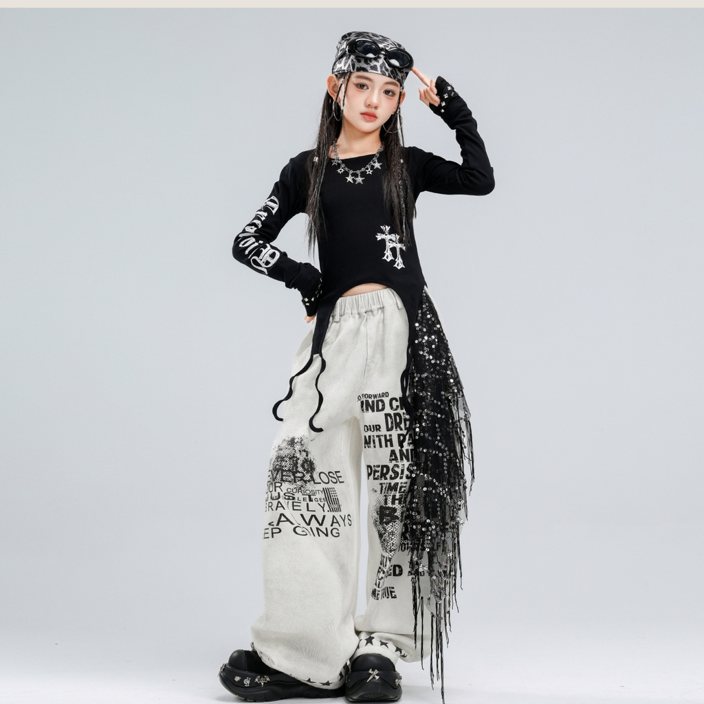 HIPHOP ブラッククロス ホワイトグラフィックワイドパンツセットアップ キッズダンス衣装 商品画像5