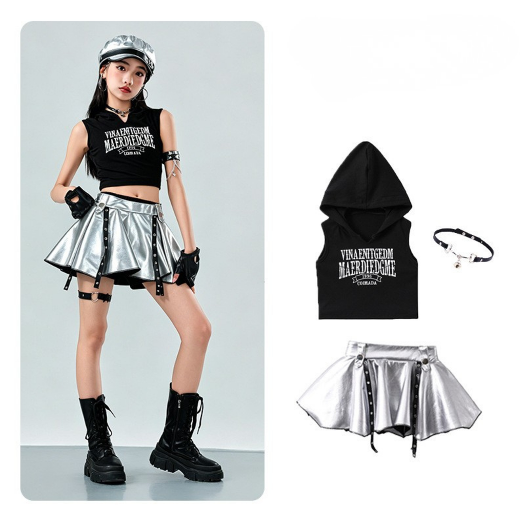 K-POP メタリックシルバー スカートセットアップ キッズダンス衣装