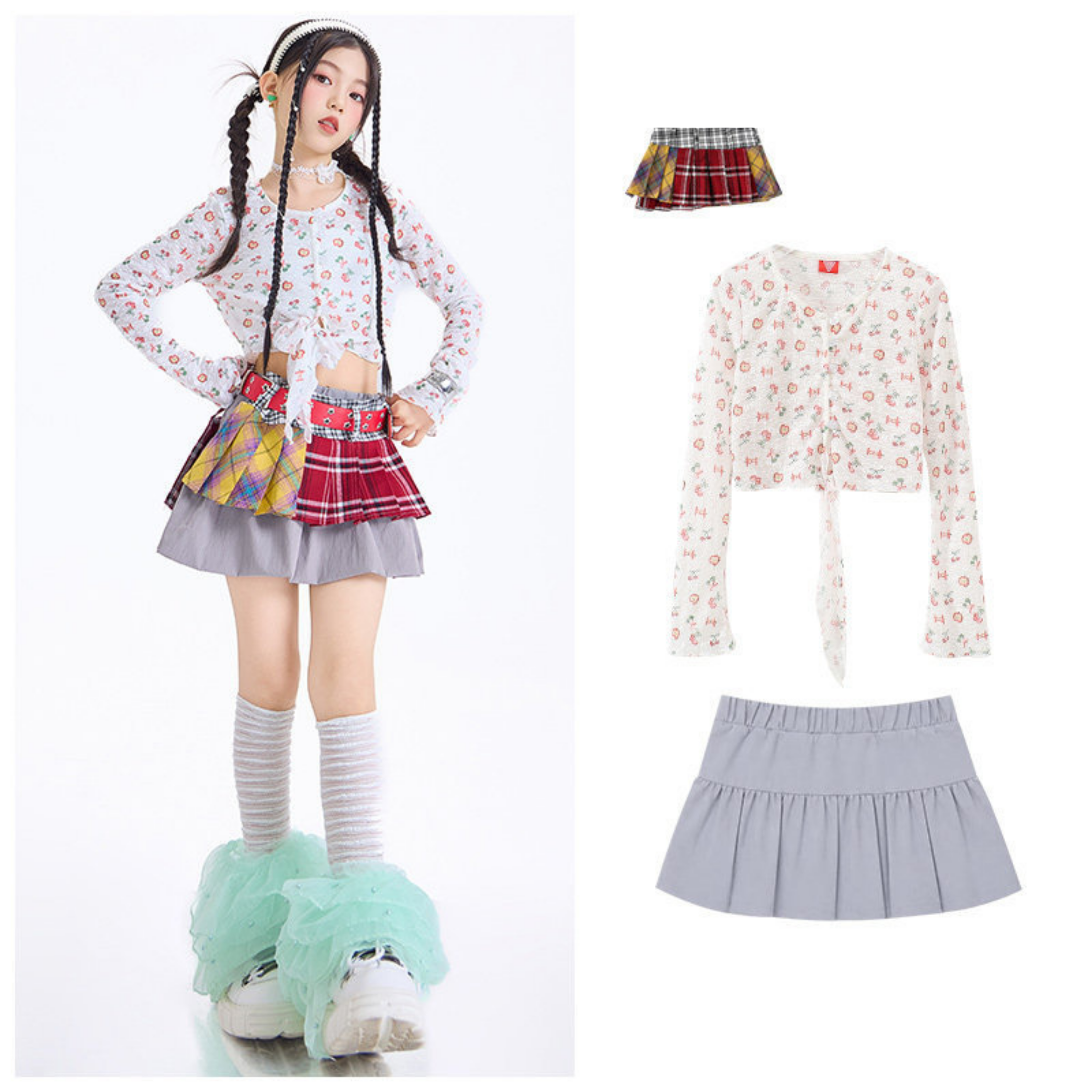 GIRLS フルーツプリント グレーティアードスカートセットアップ キッズダンス衣装