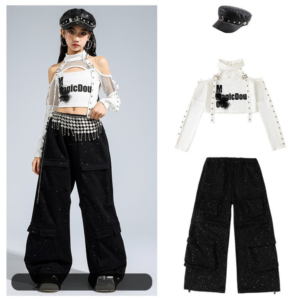 K-POP ホワイトカットアウト ブラックグリッターカーゴセットアップ キッズダンス衣装