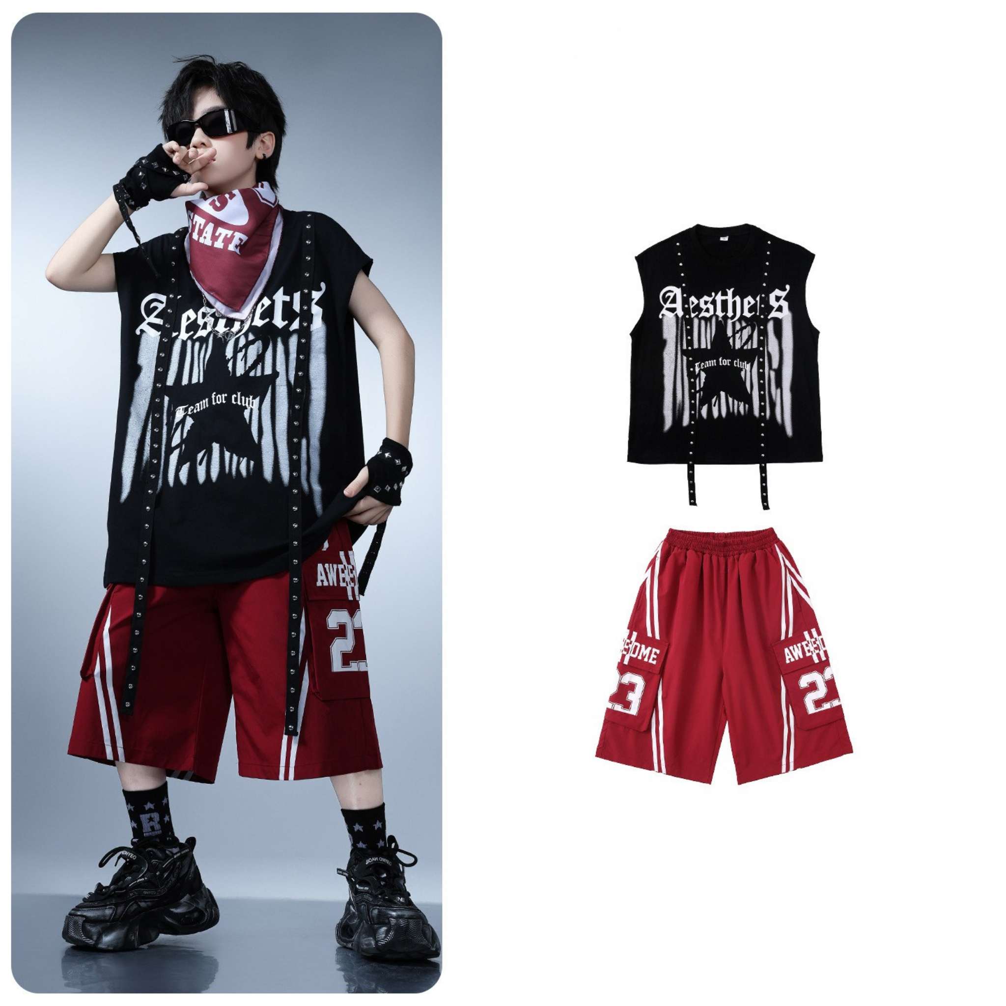 HIPHOP ブラックスタッズ レッドセットアップ キッズダンス衣装