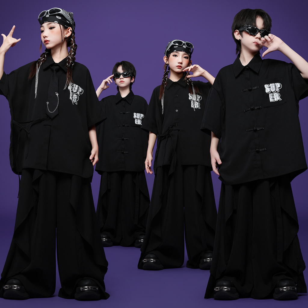 HIPHOP ブラックチャイナボタン ワイドパンツセットアップ キッズダンス衣装