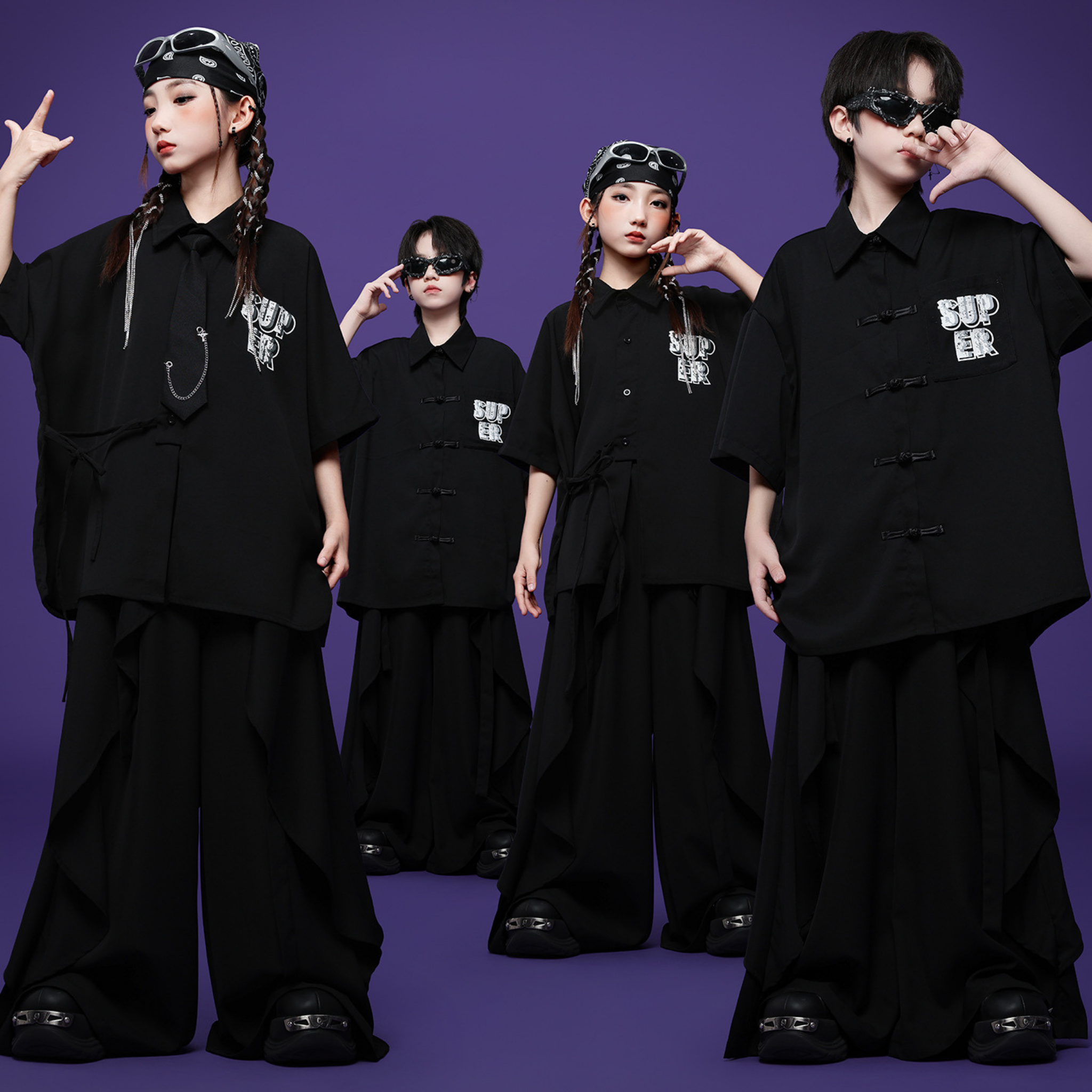 HIPHOP ブラックチャイナボタン ワイドパンツセットアップ キッズダンス衣装